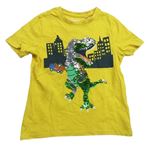 Žluté tričko s dinosauram z flitrů C&A