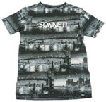 Černo-šedo-bílé sportovní tričko s městem a logem Sonneti
