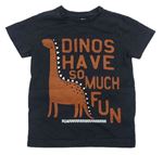 Tmavomodré tričko s dinosaurem a nápisem Next
