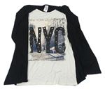 Smetanové triko s potiskem a písmenky - New York a černým cardiganem zn. C&A