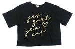 Černé crop tričko se zlatými nápisy a srdíčkem RIVER ISLAND