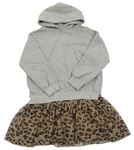 Šedé teplákové šaty s leopardí sukní a kapucí Zara