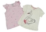 2set- Krémové tričko s labutí + Růžový květovaný top 