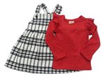 2set - Bílo-černé kostkované vlněné šaty + červené žebrované triko F&F
