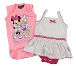 2set- Neonově růžové body s Minnie a Daisy + Bílé šaty s všitým růžovým body Disney