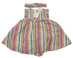 3set- barevné pruhované lněné šaty+ kalhotky pod šatičky+ čelenka next