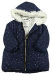 Tmavomodrá šusťáková zimní bunda s mašlemi a kapucí s kožíškem Matalan