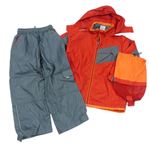 2Set - Červeno-šedá šusťáková nepromokavá podzimní bunda s ukrývací kapucí + kalhoty + sáček POCOPIANO