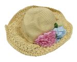 Béžový třpytivý slaměný klobouk s kytičkami Tu 