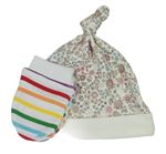 2set- Krémová květovaná čepice + Barevné pruhované novorozenecké rukavice Mamas&Papas