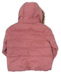 Růžová pruhovaná šusťáková zimní bunda s kapucí s kožešinou zn. FAT FACE