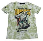 Zeleno-bílé batikované tričko s nápisem a dinosaurem Jurský svět Tu