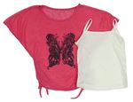 2set- neonově růžové průhledné tričko s motýlkem+ bílý top 