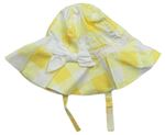 Dámský žluto-bílý kostkovaný plátěný klobouk s mašlí 