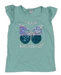 Tyrkysové tričko s motýlem s překlápěcími flitry a volány Kiki&Koko