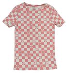 Růžovo-bílé kostkované žebrované tričko s kytičkami F&F