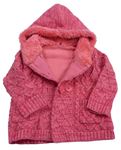 Růžový melírovaný vzroovaný propínací podšitý svetr s kapucí George 