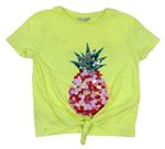 Neonově žluté crop tričko s ananasem z pajetek s flitrů a uzlem Matalan