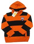 Oranžovo-černý pruhovaný svetr s výšivkou a kapucí 