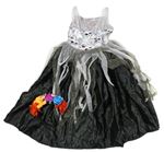 Kostým - 2set - Šedo-černé saténové šaty s tylem + čelenka s květy a lebkami Tu