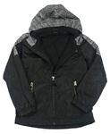Černo-šedá šusťáková podzimní bunda s army vzorem a kapucí  