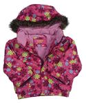 Růžová květovaná zimní bunda s kapucí s chlupem 