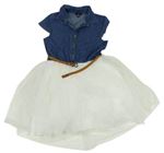 Modro-bílé riflovo/tylové šaty s páskem