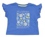 Modré tričko s kytičkami a nápisy Primark