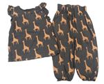 2 set - Tmavošedé lehké bavlněné kalhoty s žirafami + top s volánky Next