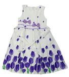 Bílo-fialové květované plátěné midi šaty s mašličkami 
