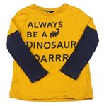 Hořčicovo-tmavomodré triko s nápisy a dinosaurem George