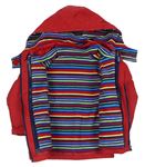 3v1 Červená šusťáková celoroční bunda s kapucí + Barevná pruhovaná fleecová mikina zn. Jojo Maman Bebé