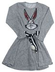 Šedé melírované úpletové šaty s Bugs Bunnym z flitrů a páskem