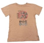 Starorůžové oversize tričko s květy a japonským nápisem Next