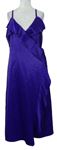 Dámské fialové saténové midi zavinovací šaty s volánkem Warehouse 