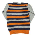 Tmavomodro-šedo-oranžový lehký pruhovaný svetr s nápisem 