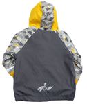 Tmavošedo-šedo-hořčicová nepromokavá jarní lehce zateplená bunda s kapucí a nápisy zn. Lupilu
