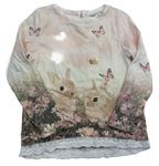 Světlerůžovo-smetanovo-hnědé triko s králíčky a motýlky a krajkou H&M
